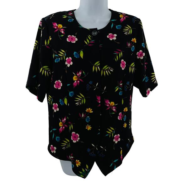 Christie & Jill Vintage Black Neon Floral Silky Short Sleeve Button Down Top 10T - Picture 1 of 13